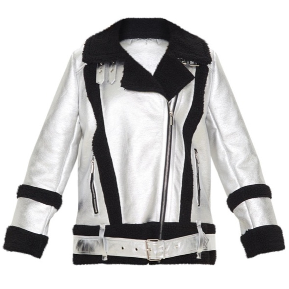 Silver Aviator Jacket with Black Faux Fur Trim